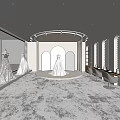 Elegant Wedding Dress Store Showcasing White Gowns On Round Platform With Mirrors And Makeup Stations