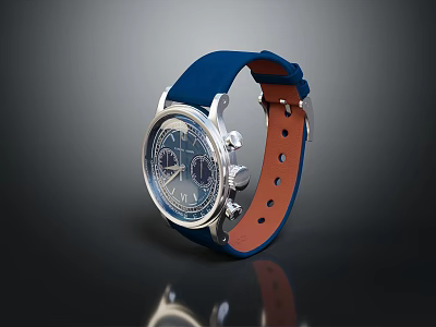Elegant Chronograph Watch With Blue Leather Strap And Silver Dial Design Features 3d model