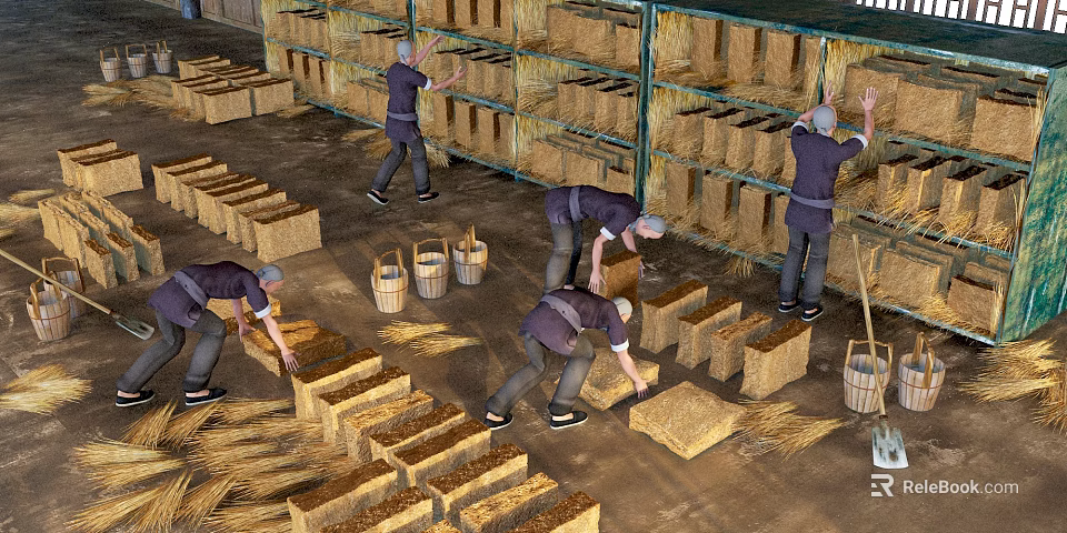 Workers Organizing Hay Bales On Wooden Shelves In Warehouse Storage Area 3d model 