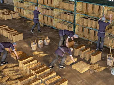 Workers Organizing Hay Bales On Wooden Shelves In Warehouse Storage Area 3d model