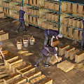 Workers Organizing Hay Bales On Wooden Shelves In Warehouse Storage Area