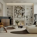 Modern Living Room Interior With Beige Sofa Brown Armchair Decorative Wall Art And Fireplace
