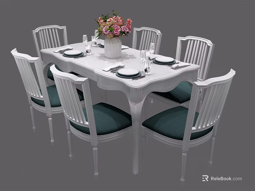 White Dining Table Set With Six Chairs Green Seats And Flower Vase 3d model 