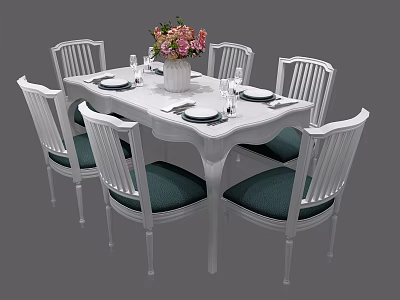 White Dining Table Set With Six Chairs Green Seats And Flower Vase 3d model