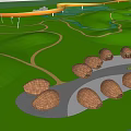 Scenic Park Landscape With Circular Wooden Pavilions And Leaf Shaped Decorations