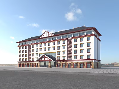 Traditional Style Multi Story Building With White Exterior Red Accents And Dark Roof 3d model