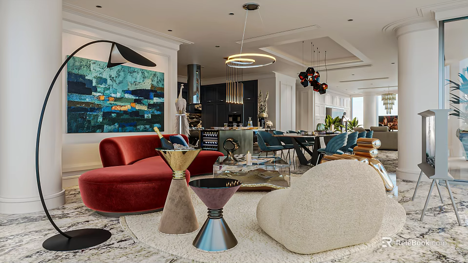 Modern Dining and Living Room Interior With Red Sofa Abstract Painting Pendant Lights And Chairs 3d model 