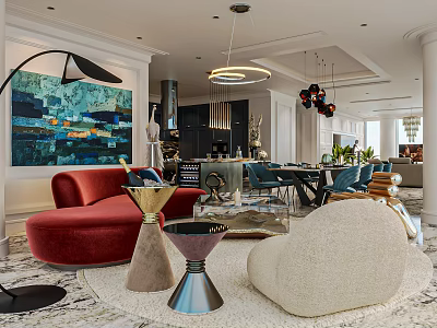 Modern Dining and Living Room Interior With Red Sofa Abstract Painting Pendant Lights And Chairs 3d model