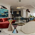 Modern Dining and Living Room Interior With Red Sofa Abstract Painting Pendant Lights And Chairs