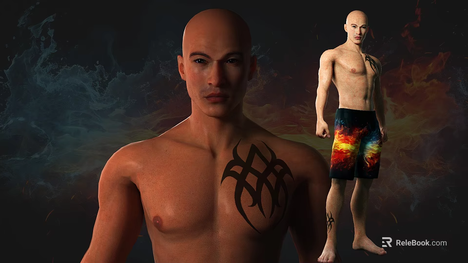 Shirtless Man with Chest Tattoo and Colorful Shorts Standing Against Vibrant Backdrop 3d model 