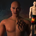 Shirtless Man with Chest Tattoo and Colorful Shorts Standing Against Vibrant Backdrop
