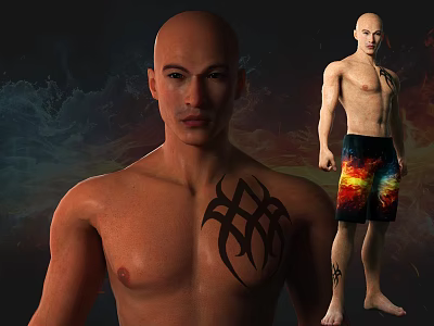 Shirtless Man with Chest Tattoo and Colorful Shorts Standing Against Vibrant Backdrop 3d model