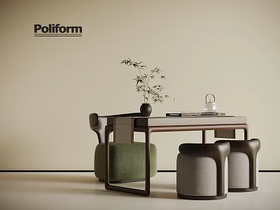 Poliform Modern Furniture Set With Table Green Chair Grey Stools Vase And Teapot 3d model