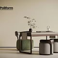 Poliform Modern Furniture Set With Table Green Chair Grey Stools Vase And Teapot