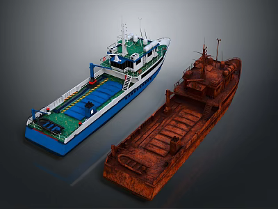Modern Blue White Green Water Vessel and Rusty Old Ship Watercraft 3d model