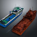 Modern Blue White Green Water Vessel and Rusty Old Ship Watercraft