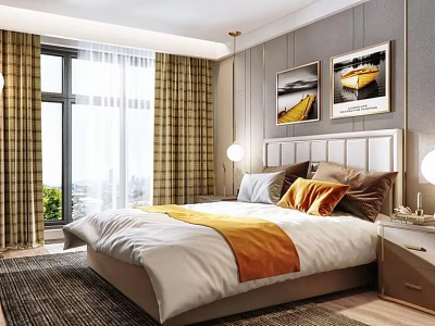 Background Double Bed In Modern Bedroom With Checkered Curtains Window Wall Paintings And Bedside Lamps 3d model