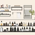 Modern Bathroom Accessories Collection With Various Bottles Towels And Storage Shelves