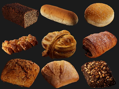 Various Fresh Bread Types Including Loaves Rolls Croissants and Pastries 3d model