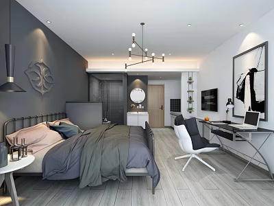 Modern Apartment Bedroom Interior Design With Cozy Bed Desk Chair Chandelier And Artwork 3d model