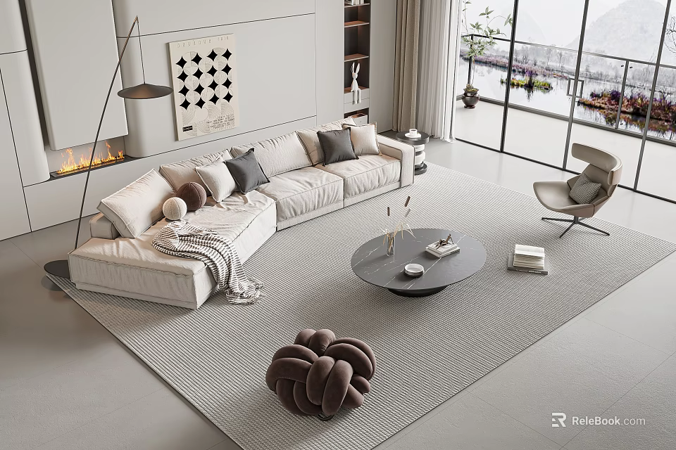 Modern Beige Sofa And Round Coffee Table Set With Cushions Rug And Scenic Windows View 3d model 