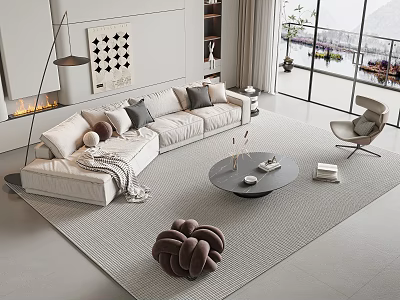 Modern Beige Sofa And Round Coffee Table Set With Cushions Rug And Scenic Windows View 3d model