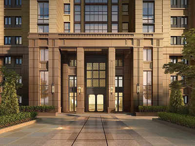Elegant Residential Entrance Gate With Stone Columns Glass Doors And Landscaped Gardens 3d model