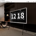 Stylish Stand Mounted TV Showing Time In Modern Living Room With Wooden Accent Wall
