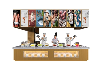 Chefs Working At Buffet Station With Food Displays And Dishes 3d model