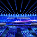 Ballroom Interior With Blue Backdrop Lighting And Ceremony Tables Chairs Setup 3d model