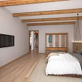 Hotel Guest Room With Wooden Ceiling Beams Hanging Macrame Decor Large Bed And Wooden Flooring