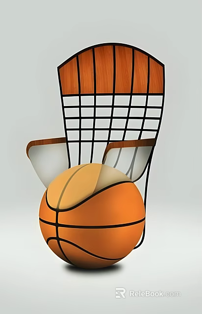 Modern Single Chair With Wooden Backrest Metal Grid Frame And Basketball Seat 3d model 