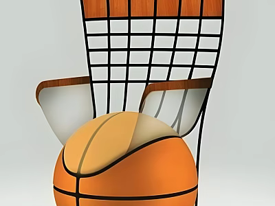 Modern Single Chair With Wooden Backrest Metal Grid Frame And Basketball Seat 3d model