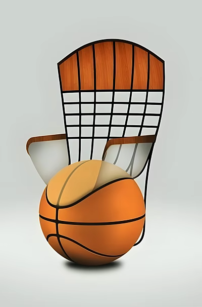 Modern Single Chair With Wooden Backrest Metal Grid Frame And Basketball Seat 3d model