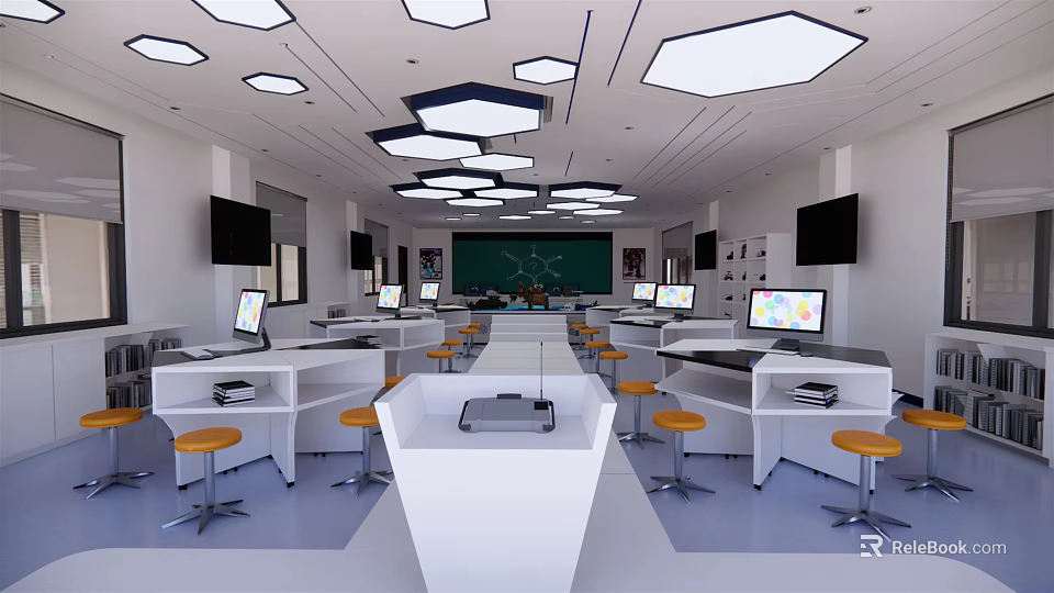 School Classroom With Computers White Desks Orange Stools Green Blackboard And Ceiling Lights 3d model 
