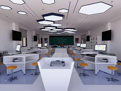 School Classroom With Computers White Desks Orange Stools Green Blackboard And Ceiling Lights 3d model