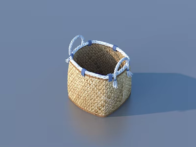 Natural Handwoven Straw Storage Basket With Blue Rope Handles For Home Use 3d model