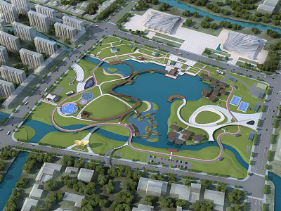 Urban Park Landscape With Large Lake Winding Paths Green Lawns And Surrounding Buildings 3d model