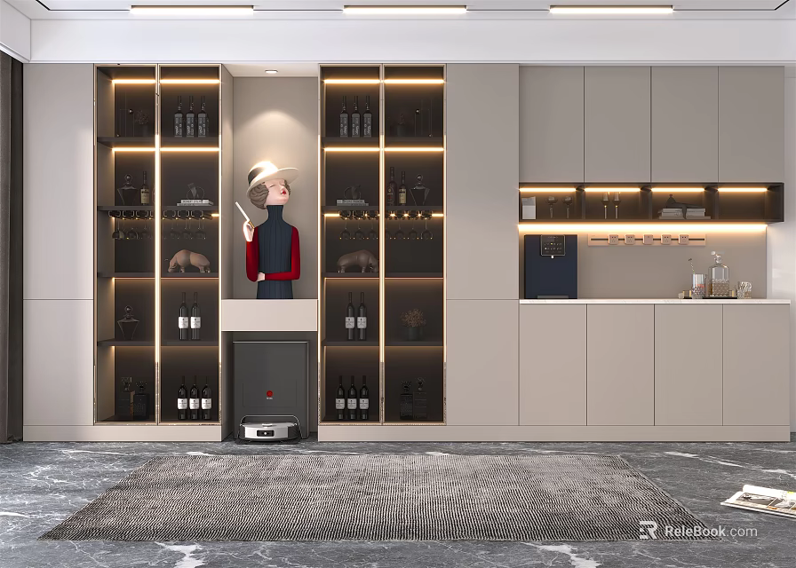 Modern Interior Wine Cabinet With LED Lighting And Glass Shelves For Wine Storage 3d model 