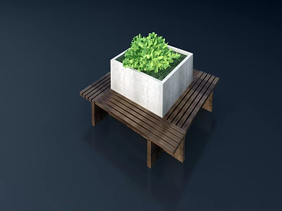 Wooden Outdoor Bench With White Square Planter And Green Plants On Top 3d model