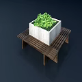 Wooden Outdoor Bench With White Square Planter And Green Plants On Top