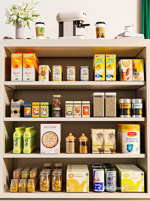 Organized Pantry Shelf Stocked with Various Food Boxes Cans and Jars 3d model 