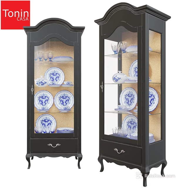 Black Display Cabinet with Glass Doors for Elegant Blue and White Porcelain 3d model 