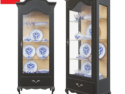 Black Display Cabinet with Glass Doors for Elegant Blue and White Porcelain 3d model