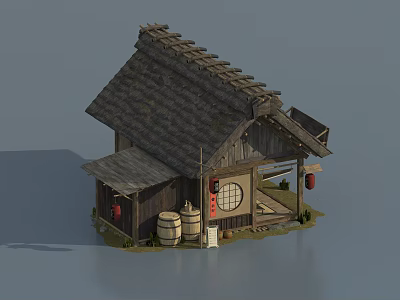 Traditional Wooden House With Sloped Roof Red Lanterns And Wooden Barrels 3d model