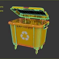 Yellow Recycling Bin With Open Lid And Wheels On Dark Surface 3d model