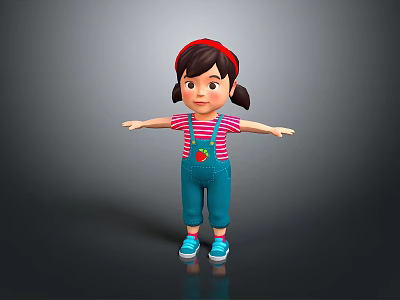 Cartoon Girl In Red Striped Shirt Blue Overalls With Red Headband Pigtails And Arms Outstretched 3d model