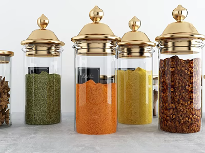 Clear Glass Spice Jars With Gold Lids Containing Colorful Various Spices 3d model