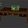 Vintage Wooden Table With Three Drawers And Old Radio On Top Surface