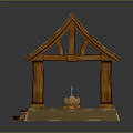 Cartoon Style Wooden Shed With Brown Tiled Roof Wooden Pillars Logs And Black Hedgehog